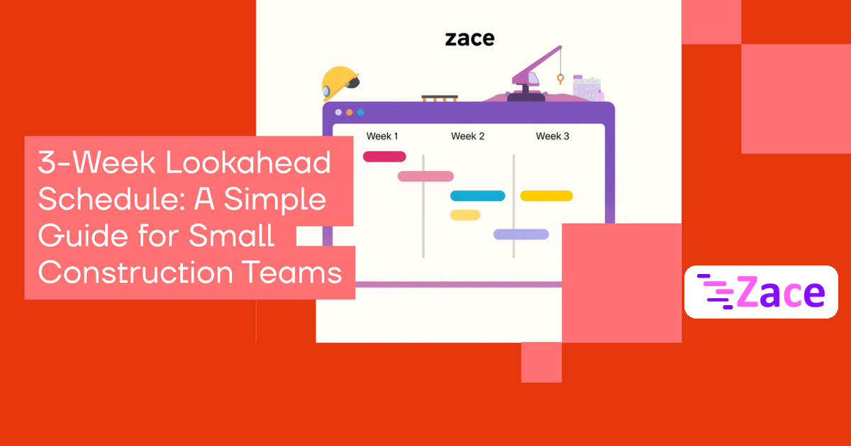 3-week lookahead schedule illustration: a Week 1 to Week 3 planner with Gantt task bars and a crane, with the Zace logo