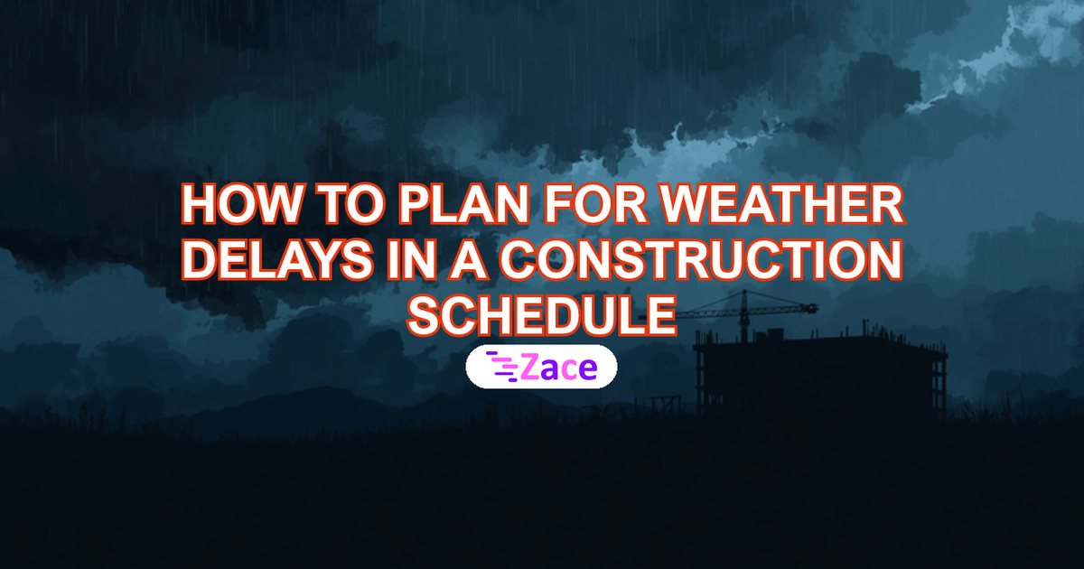 Cover with the title "How to Plan for Weather Delays in a Construction Schedule" over a stormy night sky and a crane above a half-built building, with the Zace logo