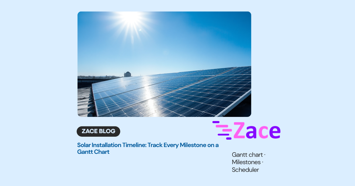 Solar installation timeline shown as a Gantt chart from site survey through handover